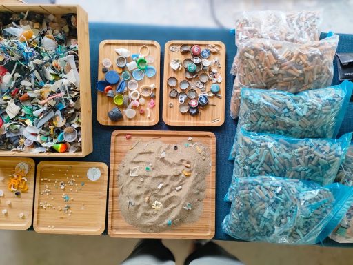 Varias bandejas con microplasticos, metales y otros pequeños elementos contaminantes que se encuentran en la arena.